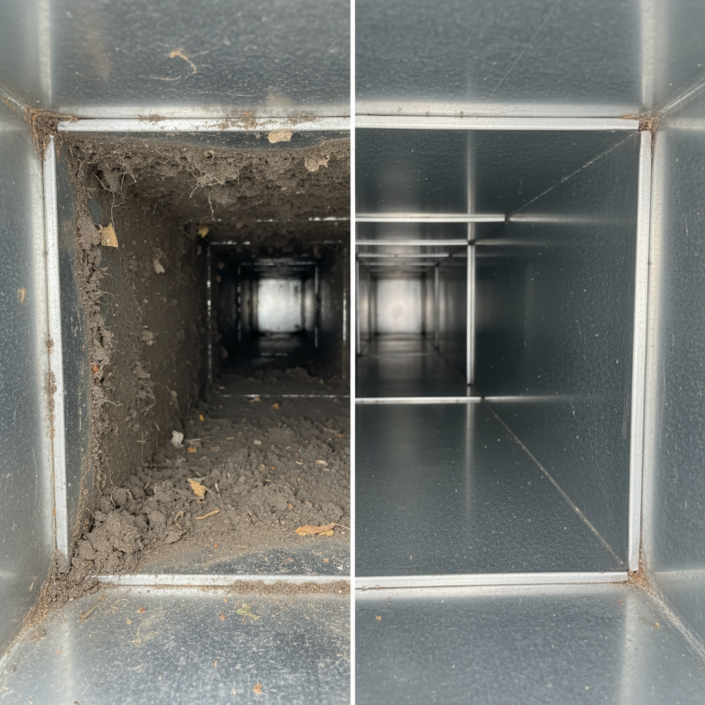 Before and after comparison of air duct cleaning results