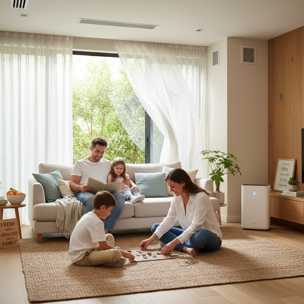 Happy family enjoying clean air from professional duct cleaning